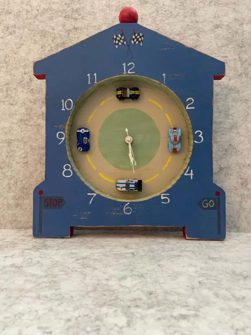 Vintage Handmade Wood Racing Car Mantel Clock Hand Painted